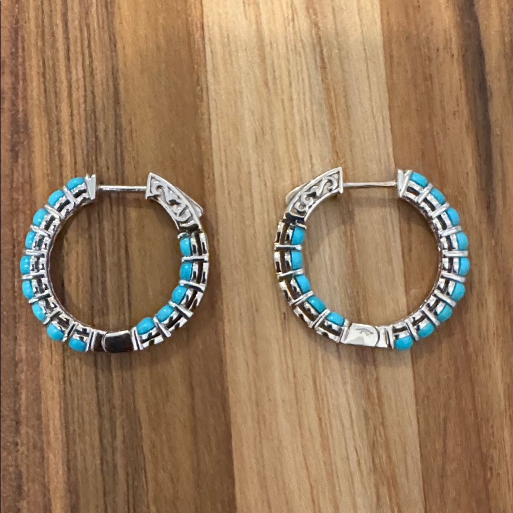 Blue Turquoise and 925 stamped Silver Hoop Earrings - Picture 2 of 6